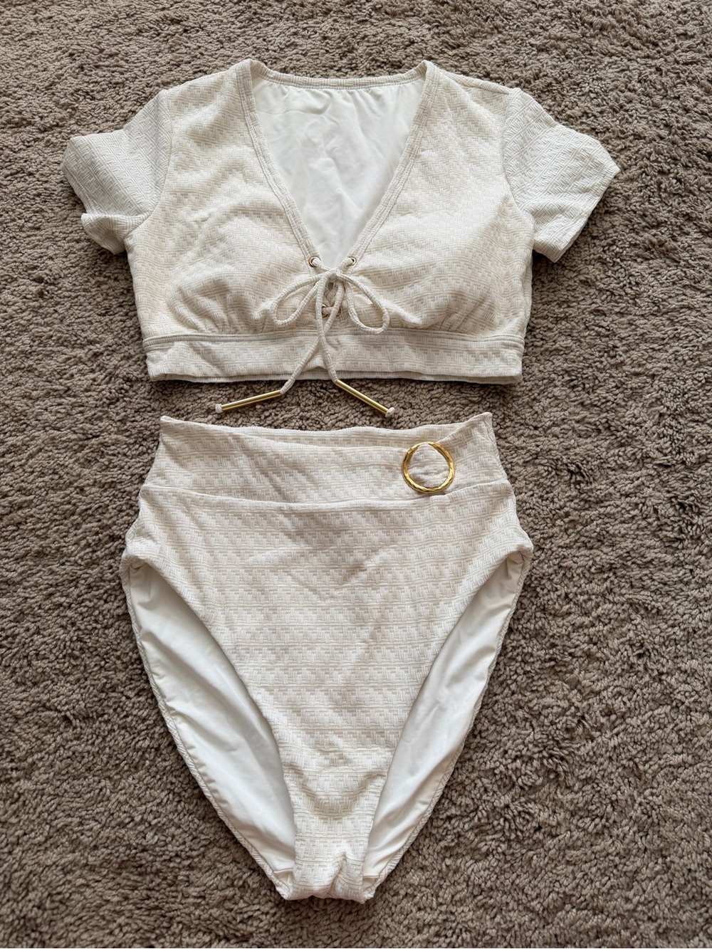 Trina Turk Glimmer Lace Up Swim Tee High Waisted Bikini Cream Gold Size 6